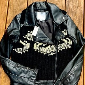 ANTHROPOLOGIE leather jacket black with hwool pattern size small BRAND NEW